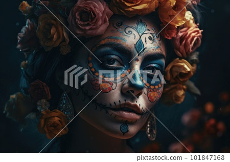 Portrait of a woman with sugar skull makeup over dark background. Halloween costume and make-up. Portrait of Calavera Catrina. Generative AI. 101847168