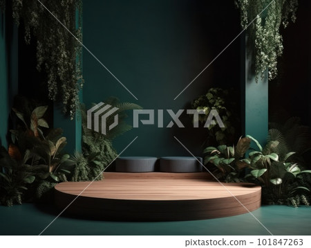 Cosmetics product advertising stand. Exhibition wooden podium on green background with leaves and shadows. Empty pedestal to display product packaging. Mockup. Generative AI. 101847263