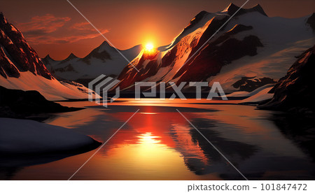 Generative AI, Sunset Spectrum: A Mountain Range Transitioning into Night 101847472