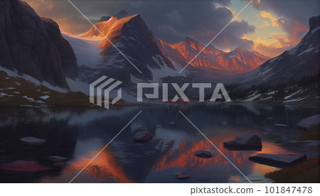 Generative AI, Sunset Spectrum: A Mountain Range Transitioning into Night Generative AI, Sunset Spectrum: A Mountain Range Transitioning into Night 101847478