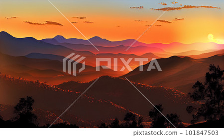 Generative AI, Sunset Spectrum: A Mountain Range Transitioning into Night 101847503