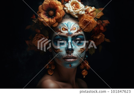 Portrait of a woman with sugar skull makeup over dark background. Halloween costume and make-up. Portrait of Calavera Catrina. Generative AI. 101847623