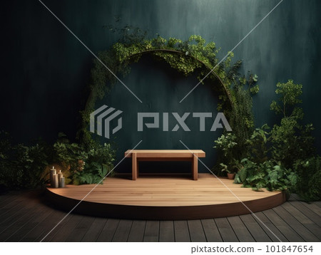 Cosmetics product advertising stand. Exhibition wooden podium on green background with leaves and shadows. Empty pedestal to display product packaging. Mockup. Generative AI. Cosmetics product advertising stand. Exhibition wooden podium on green background with leaves and shadows. Empty pedestal to display product packaging. Mockup. Generative AI. 101847654