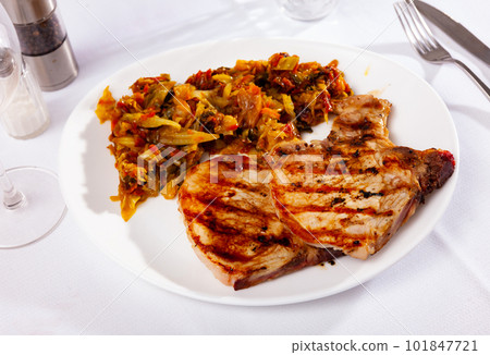 Just cooked portion of pork meat stewed with cabbage Just cooked portion of pork meat stewed with cabbage 101847721