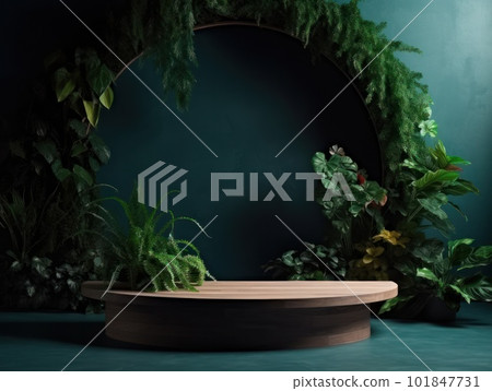 Cosmetics product advertising stand. Exhibition wooden podium on green background with leaves and shadows. Empty pedestal to display product packaging. Mockup. Generative AI. Cosmetics product advertising stand. Exhibition wooden podium on green background with leaves and shadows. Empty pedestal to display product packaging. Mockup. Generative AI. 101847731