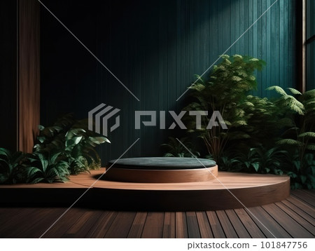 Cosmetics product advertising stand. Exhibition wooden podium on green background with leaves and shadows. Empty pedestal to display product packaging. Mockup. Generative AI. 101847756