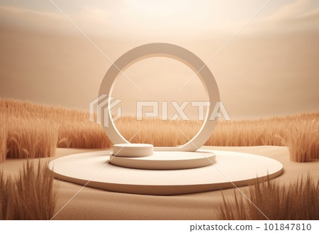 Podium on sand background. Display with sunshade and shadow on the background for cosmetic perfume fashion natural product. Generative AI. Podium on sand background. Display with sunshade and shadow on the background for cosmetic perfume fashion natural product. Generative AI. 101847810