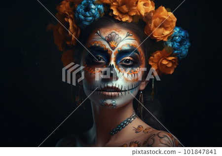 Portrait of a woman with sugar skull makeup over dark background. Halloween costume and make-up. Portrait of Calavera Catrina. Generative AI. 101847841