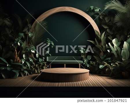 Cosmetics product advertising stand. Exhibition wooden podium on green background with leaves and shadows. Empty pedestal to display product packaging. Mockup. Generative AI. 101847921