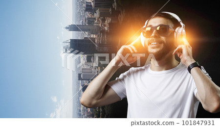 Young man with headphones . Mixed media Young man with headphones . Mixed media 101847931