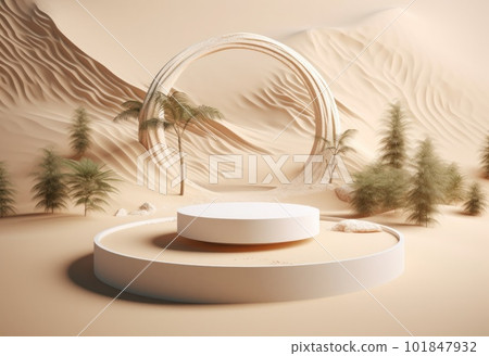 Podium on sand background. Display with sunshade and shadow on the background for cosmetic perfume fashion natural product. Generative AI. Podium on sand background. Display with sunshade and shadow on the background for cosmetic perfume fashion natural product. Generative AI. 101847932