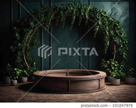 Cosmetics product advertising stand. Exhibition wooden podium on green background with leaves and shadows. Empty pedestal to display product packaging. Mockup. Generative AI. Cosmetics product advertising stand. Exhibition wooden podium on green background with leaves and shadows. Empty pedestal to display product packaging. Mockup. Generative AI. 101847978