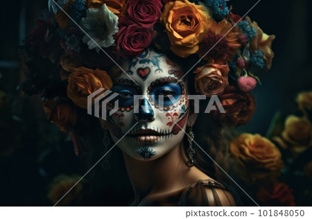 Portrait of a woman with sugar skull makeup over dark background. Halloween costume and make-up. Portrait of Calavera Catrina. Generative AI. Portrait of a woman with sugar skull makeup over dark background. Halloween costume and make-up. Portrait of Calavera Catrina. Generative AI. 101848050