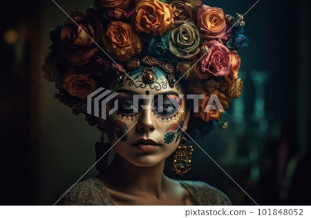 Portrait of a woman with sugar skull makeup over dark background. Halloween costume and make-up. Portrait of Calavera Catrina. Generative AI. Portrait of a woman with sugar skull makeup over dark background. Halloween costume and make-up. Portrait of Calavera Catrina. Generative AI. 101848052