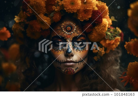 Portrait of a woman with sugar skull makeup over dark background. Halloween costume and make-up. Portrait of Calavera Catrina. Generative AI. 101848163