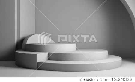 Elegant abstract set of white podiums in sunlight with shadow on white background for product display. Simple modern geometric design. Generative AI. 101848180