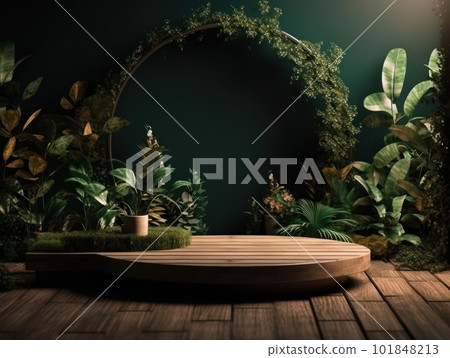 Cosmetics product advertising stand. Exhibition wooden podium on green background with leaves and shadows. Empty pedestal to display product packaging. Mockup. Generative AI. 101848213