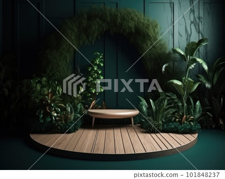 Cosmetics product advertising stand. Exhibition wooden podium on green background with leaves and shadows. Empty pedestal to display product packaging. Mockup. Generative AI. Cosmetics product advertising stand. Exhibition wooden podium on green background with leaves and shadows. Empty pedestal to display product packaging. Mockup. Generative AI. 101848237