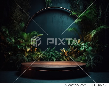 Cosmetics product advertising stand. Exhibition wooden podium on green background with leaves and shadows. Empty pedestal to display product packaging. Mockup. Generative AI. 101848242
