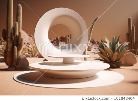 Podium on sand background. Display with sunshade and shadow on the background for cosmetic perfume fashion natural product. Generative AI. 101848404