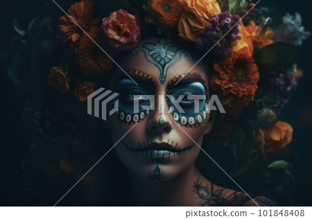 Portrait of a woman with sugar skull makeup over dark background. Halloween costume and make-up. Portrait of Calavera Catrina. Generative AI. Portrait of a woman with sugar skull makeup over dark background. Halloween costume and make-up. Portrait of Calavera Catrina. Generative AI. 101848408