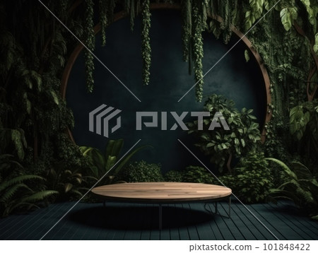 Cosmetics product advertising stand. Exhibition wooden podium on green background with leaves and shadows. Empty pedestal to display product packaging. Mockup. Generative AI. 101848422