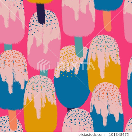 Hand drawn seamless pattern with ice cream popsicle sweet food. Pink yellow green on hot hyper pink background. Summer colorful print with frozen tasty dessert, doodle funny style, whte chocolate Hand drawn seamless pattern with ice cream popsicle sweet food. Pink yellow green on hot hyper pink background. Summer colorful print with frozen tasty dessert, doodle funny style, whte chocolate 101848475