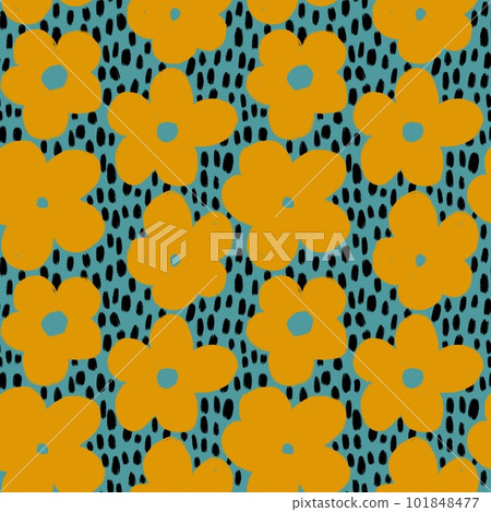 Hand drawn seamless pattern with yellow daisy flowers, floral print on blue teal background with black dots spots. Colorful mid century modern design, retro vintage decoration art. 101848477