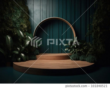 Cosmetics product advertising stand. Exhibition wooden podium on green background with leaves and shadows. Empty pedestal to display product packaging. Mockup. Generative AI. 101848521