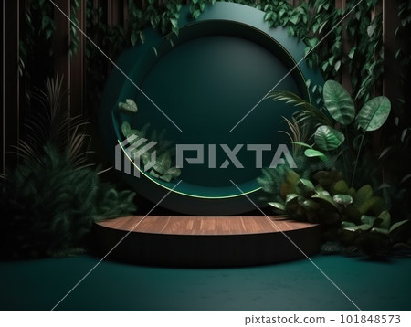 Cosmetics product advertising stand. Exhibition wooden podium on green background with leaves and shadows. Empty pedestal to display product packaging. Mockup. Generative AI. 101848573