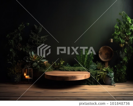 Cosmetics product advertising stand. Exhibition wooden podium on green background with leaves and shadows. Empty pedestal to display product packaging. Mockup. Generative AI. 101848736