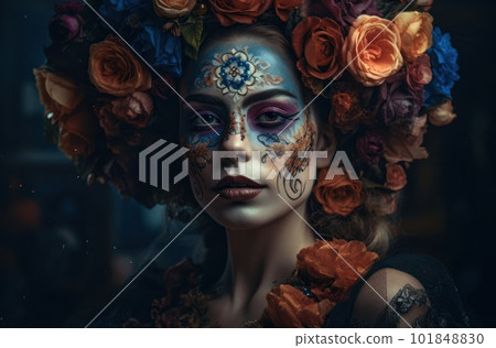 Portrait of a woman with sugar skull makeup over dark background. Halloween costume and make-up. Portrait of Calavera Catrina. Generative AI. 101848830