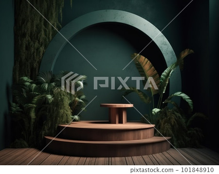 Cosmetics product advertising stand. Exhibition wooden podium on green background with leaves and shadows. Empty pedestal to display product packaging. Mockup. Generative AI. Cosmetics product advertising stand. Exhibition wooden podium on green background with leaves and shadows. Empty pedestal to display product packaging. Mockup. Generative AI. 101848910