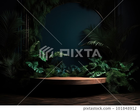 Cosmetics product advertising stand. Exhibition wooden podium on green background with leaves and shadows. Empty pedestal to display product packaging. Mockup. Generative AI. Cosmetics product advertising stand. Exhibition wooden podium on green background with leaves and shadows. Empty pedestal to display product packaging. Mockup. Generative AI. 101848912