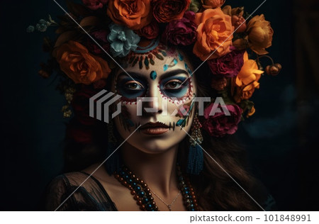 Portrait of a woman with sugar skull makeup over dark background. Halloween costume and make-up. Portrait of Calavera Catrina. Generative AI. 101848991
