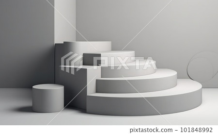 Elegant abstract set of white podiums in sunlight with shadow on white background for product display. Simple modern geometric design. Generative AI. 101848992