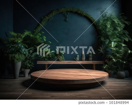 Cosmetics product advertising stand. Exhibition wooden podium on green background with leaves and shadows. Empty pedestal to display product packaging. Mockup. Generative AI. Cosmetics product advertising stand. Exhibition wooden podium on green background with leaves and shadows. Empty pedestal to display product packaging. Mockup. Generative AI. 101848994