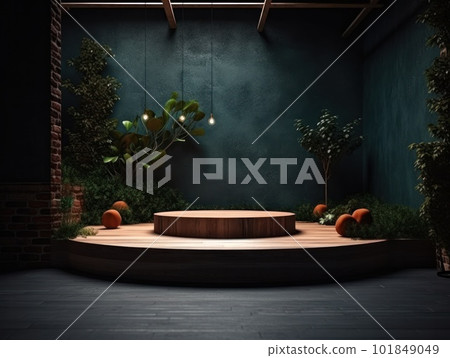 Cosmetics product advertising stand. Exhibition wooden podium on green background with leaves and shadows. Empty pedestal to display product packaging. Mockup. Generative AI. Cosmetics product advertising stand. Exhibition wooden podium on green background with leaves and shadows. Empty pedestal to display product packaging. Mockup. Generative AI. 101849049