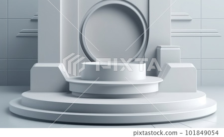 Elegant abstract set of white podiums in sunlight with shadow on white background for product display. Simple modern geometric design. Generative AI. 101849054