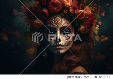 Portrait of a woman with sugar skull makeup over dark background. Halloween costume and make-up. Portrait of Calavera Catrina. Generative AI. Portrait of a woman with sugar skull makeup over dark background. Halloween costume and make-up. Portrait of Calavera Catrina. Generative AI. 101849055