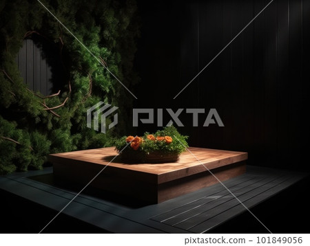 Cosmetics product advertising stand. Exhibition wooden podium on green background with leaves and shadows. Empty pedestal to display product packaging. Mockup. Generative AI. Cosmetics product advertising stand. Exhibition wooden podium on green background with leaves and shadows. Empty pedestal to display product packaging. Mockup. Generative AI. 101849056