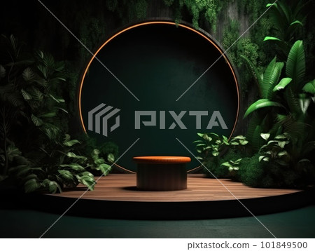 Cosmetics product advertising stand. Exhibition wooden podium on green background with leaves and shadows. Empty pedestal to display product packaging. Mockup. Generative AI. Cosmetics product advertising stand. Exhibition wooden podium on green background with leaves and shadows. Empty pedestal to display product packaging. Mockup. Generative AI. 101849500
