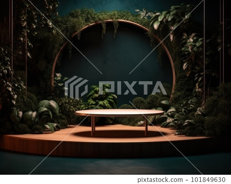 Cosmetics product advertising stand. Exhibition wooden podium on green background with leaves and shadows. Empty pedestal to display product packaging. Mockup. Generative AI. 101849630