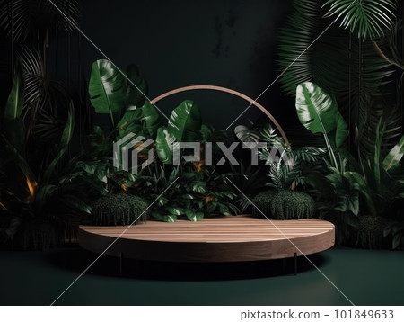 Cosmetics product advertising stand. Exhibition wooden podium on green background with leaves and shadows. Empty pedestal to display product packaging. Mockup. Generative AI. 101849633