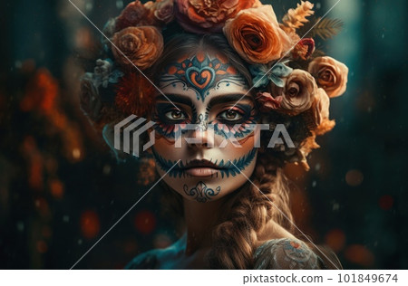 Portrait of a woman with sugar skull makeup over dark background. Halloween costume and make-up. Portrait of Calavera Catrina. Generative AI. Portrait of a woman with sugar skull makeup over dark background. Halloween costume and make-up. Portrait of Calavera Catrina. Generative AI. 101849674