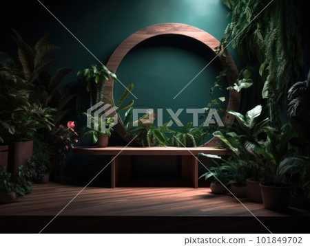 Cosmetics product advertising stand. Exhibition wooden podium on green background with leaves and shadows. Empty pedestal to display product packaging. Mockup. Generative AI. 101849702