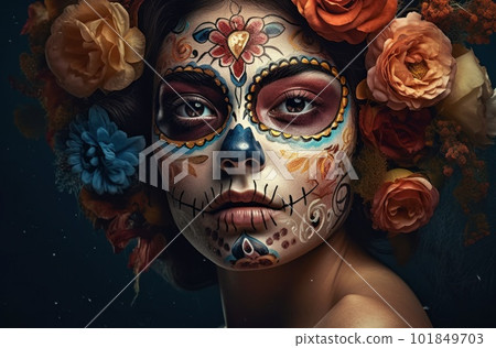 Portrait of a woman with sugar skull makeup over dark background. Halloween costume and make-up. Portrait of Calavera Catrina. Generative AI. Portrait of a woman with sugar skull makeup over dark background. Halloween costume and make-up. Portrait of Calavera Catrina. Generative AI. 101849703