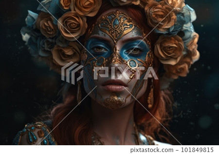 Portrait of a woman with sugar skull makeup over dark background. Halloween costume and make-up. Portrait of Calavera Catrina. Generative AI. 101849815