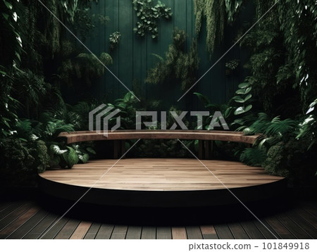 Cosmetics product advertising stand. Exhibition wooden podium on green background with leaves and shadows. Empty pedestal to display product packaging. Mockup. Generative AI. 101849918