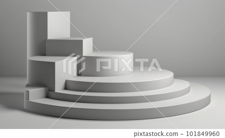 Elegant abstract set of white podiums in sunlight with shadow on white background for product display. Simple modern geometric design. Generative AI. 101849960